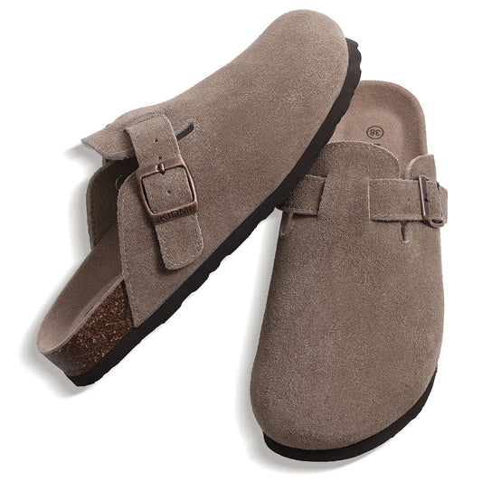 Genuine Suede Clogs – Unisex Comfort with Arch Support & Cork Footbed