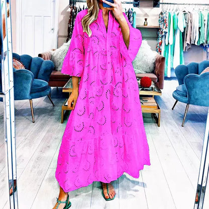 XXS-3XL Loose Fit Hollow Out Kjole til Kvinder Sommer Elegant Vintage Solid Broderi Casual V-hals Flare Sleeve Maxikjoler