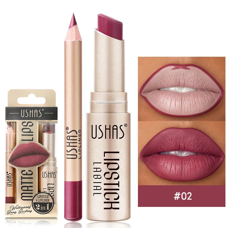 Batom Matte 2 em 1&lConjunto de Lápis Labial IP Liner com 12 Cores, Alta Pigmentação, À Prova D'Água e de Longa Duração - Maquiagem para os Lábios