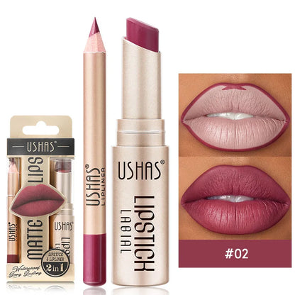 Batom Matte 2 em 1&lConjunto de Lápis Labial IP Liner com 12 Cores, Alta Pigmentação, À Prova D'Água e de Longa Duração - Maquiagem para os Lábios