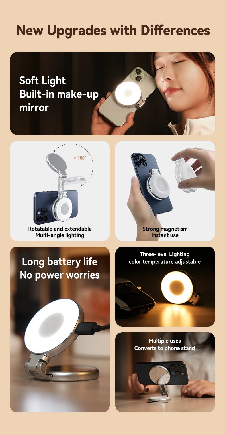 Telesin smartphone magnetische vullamp Mini selfie licht 3 modi verstelbare helderheid voor iPhone Xiaomi Huawei Samsung telefoon
