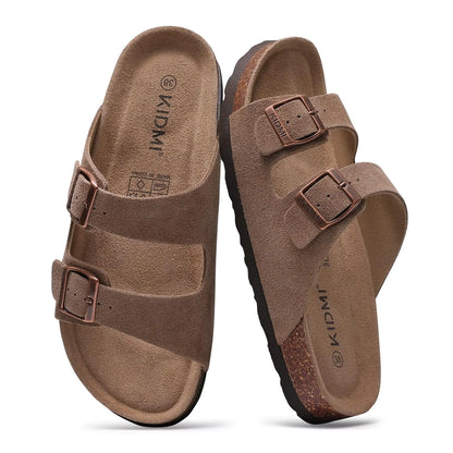 Klassiska unisex korksandaler rutschkanor i ko mocka med valvstöd Anti-halk unisex tofflor med justerbart spänne