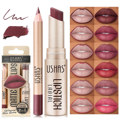 Batom Matte 2 em 1&lConjunto de Lápis Labial IP Liner com 12 Cores, Alta Pigmentação, À Prova D'Água e de Longa Duração - Maquiagem para os Lábios