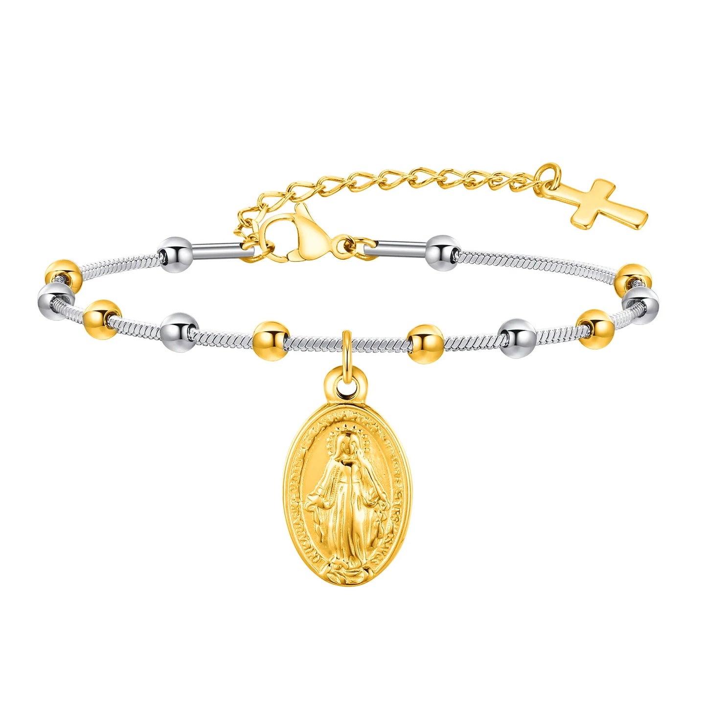 Pulseira feminina de rosário de aço inoxidável banhado a ouro - pulseira da Virgem Maria com cruz