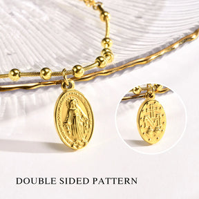 Brazalete de rosario de acero inoxidable de placa de oro para mujeres-Virgen María Pulsera de oración religiosa con cruz