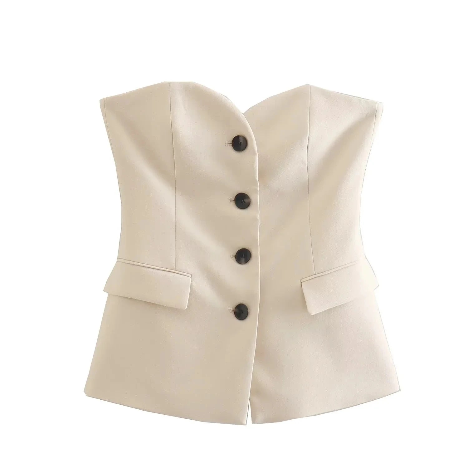 Women’s Elegant Strapless Pant Suit – Buttoned Top & Side Slit Trousers Fashion Set