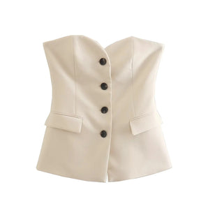 Women’s Elegant Strapless Pant Suit – Buttoned Top & Side Slit Trousers Fashion Set