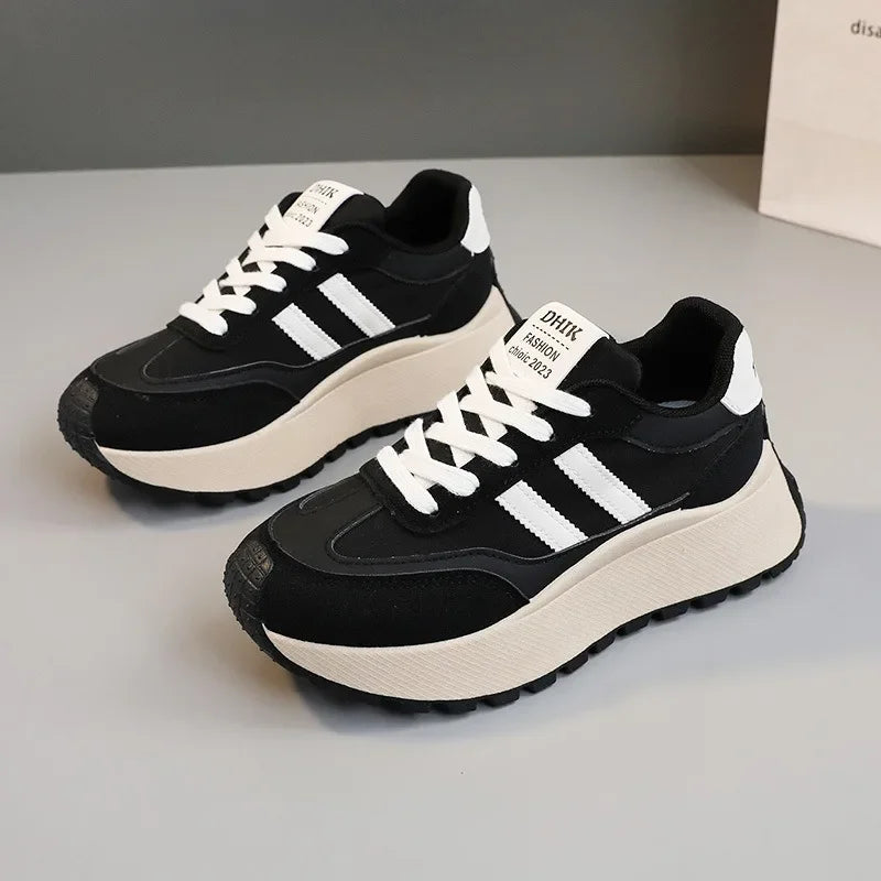 Tênis plataforma feminino primavera/verão – Sapatos casuais de couro patchwork vulcanizado