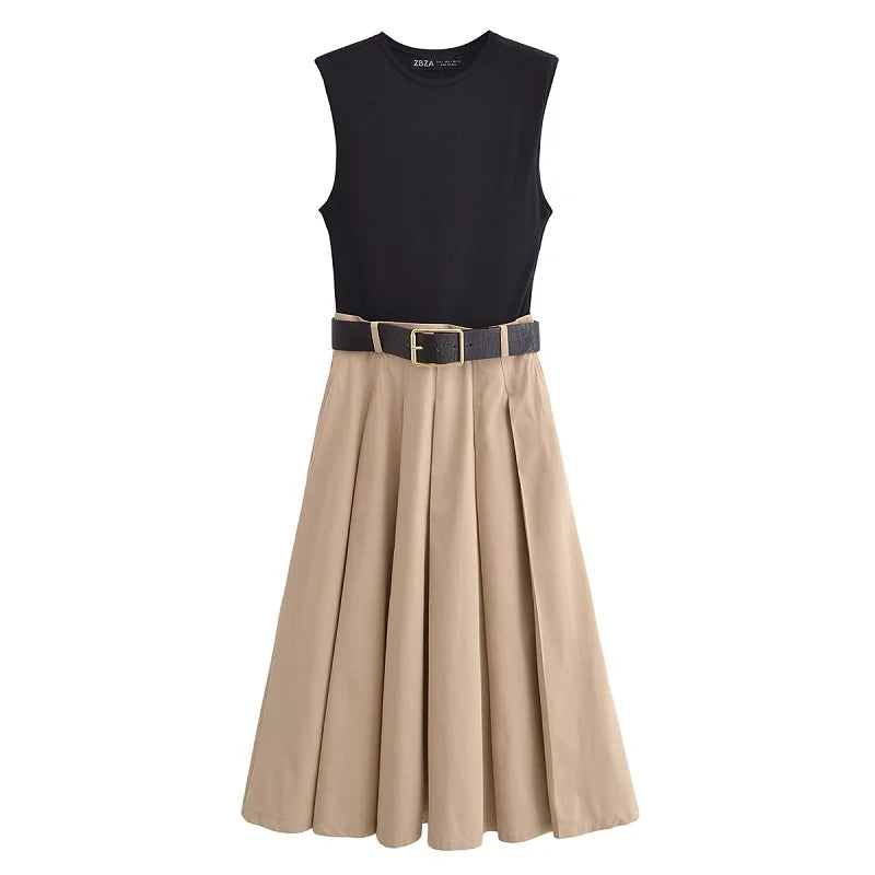 Women’s Pleated Midi Dress – Belted, Sleeveless Summer & Autumn Party Sundress