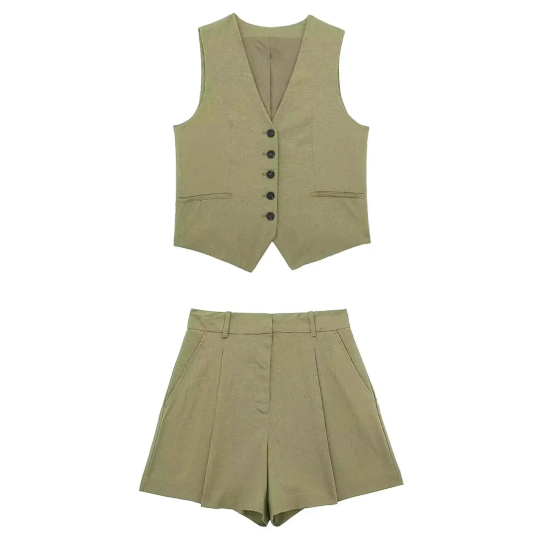 Women’s Linen Vest Shorts Set – V Neck Chic Summer Casual  Office Outfit