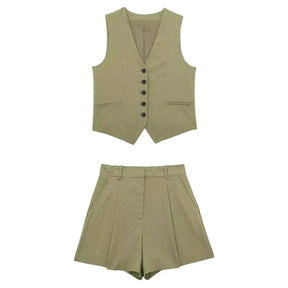 Women’s Linen Vest Shorts Set – V Neck Chic Summer Casual  Office Outfit