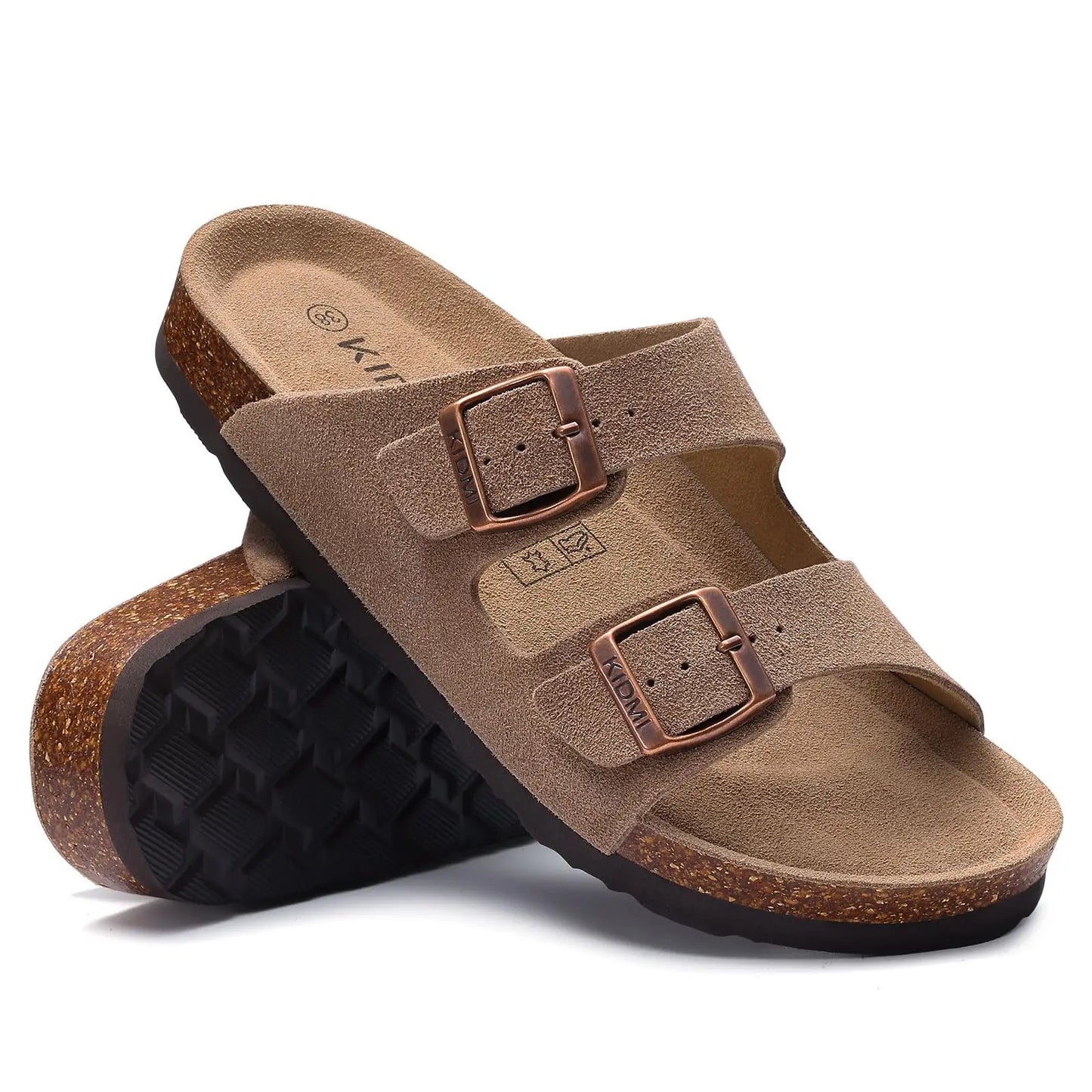Klassiska unisex korksandaler rutschkanor i ko mocka med valvstöd Anti-halk unisex tofflor med justerbart spänne