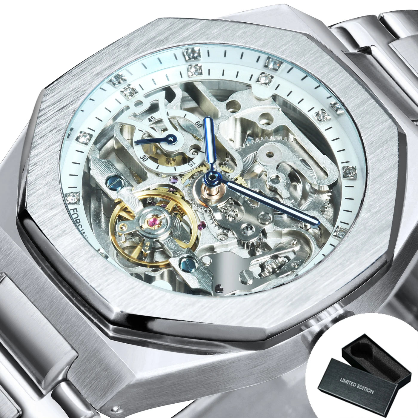 MIAMI DESIGN-Reloj Automático plateado para hombre, esfera de diamante 3D, Tourbillon Irregular, relojes de pulsera mecánicos con esqueleto, reloj con manecillas luminosas