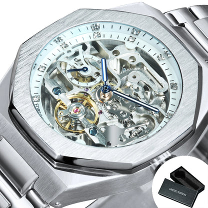MIAMI DESIGN-Reloj Automático plateado para hombre, esfera de diamante 3D, Tourbillon Irregular, relojes de pulsera mecánicos con esqueleto, reloj con manecillas luminosas