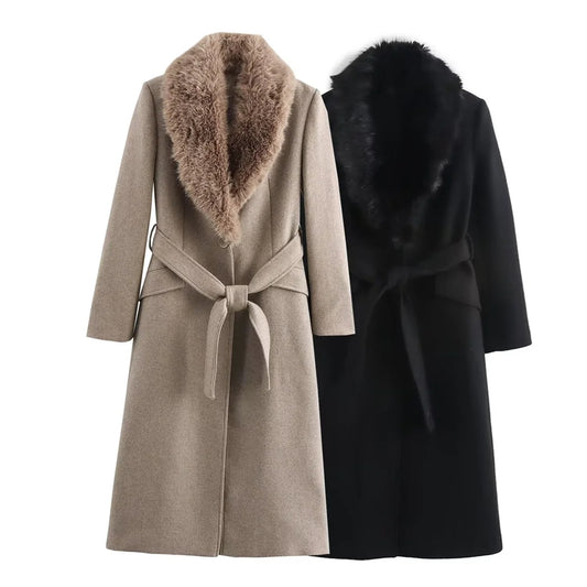 Women’s Belt Warm Fur Collar Coat
