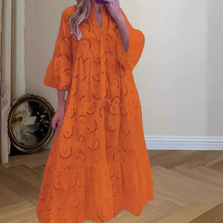 XXS-3XL Loose Fit Hollow Out Kjole til Kvinder Sommer Elegant Vintage Solid Broderi Casual V-hals Flare Sleeve Maxikjoler