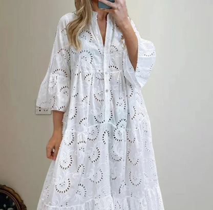 XXS-3XL Loose Fit Hollow Out Kjole til Kvinder Sommer Elegant Vintage Solid Broderi Casual V-hals Flare Sleeve Maxikjoler