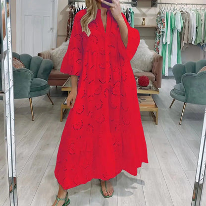 XXS-3XL Loose Fit Hollow Out Kjole til Kvinder Sommer Elegant Vintage Solid Broderi Casual V-hals Flare Sleeve Maxikjoler