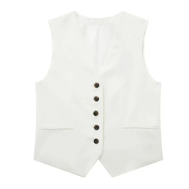 Women’s Linen Vest Shorts Set – V Neck Chic Summer Casual  Office Outfit