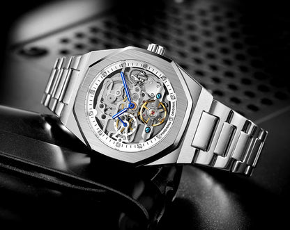 MIAMI DESIGN-Reloj Automático plateado para hombre, esfera de diamante 3D, Tourbillon Irregular, relojes de pulsera mecánicos con esqueleto, reloj con manecillas luminosas