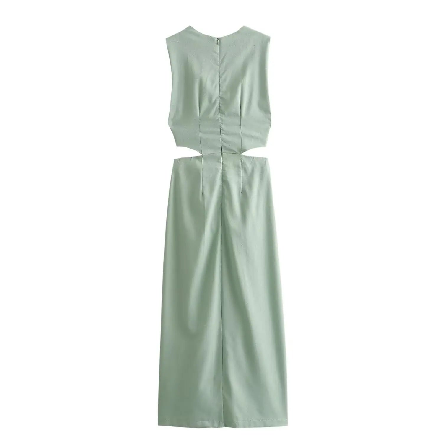 Elegant Women’s Waist Cutout Dress – O-neck, Sleeveless, Slim Fit, Split Skirt