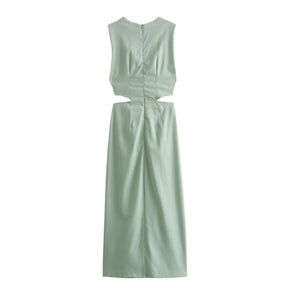 Elegant Women’s Waist Cutout Dress – O-neck, Sleeveless, Slim Fit, Split Skirt