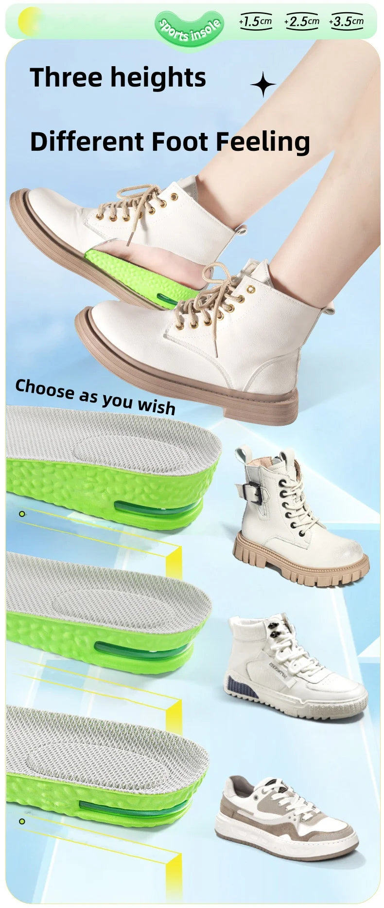 Air Cushion Insoles for Height, Shock Absorption & Odor Control