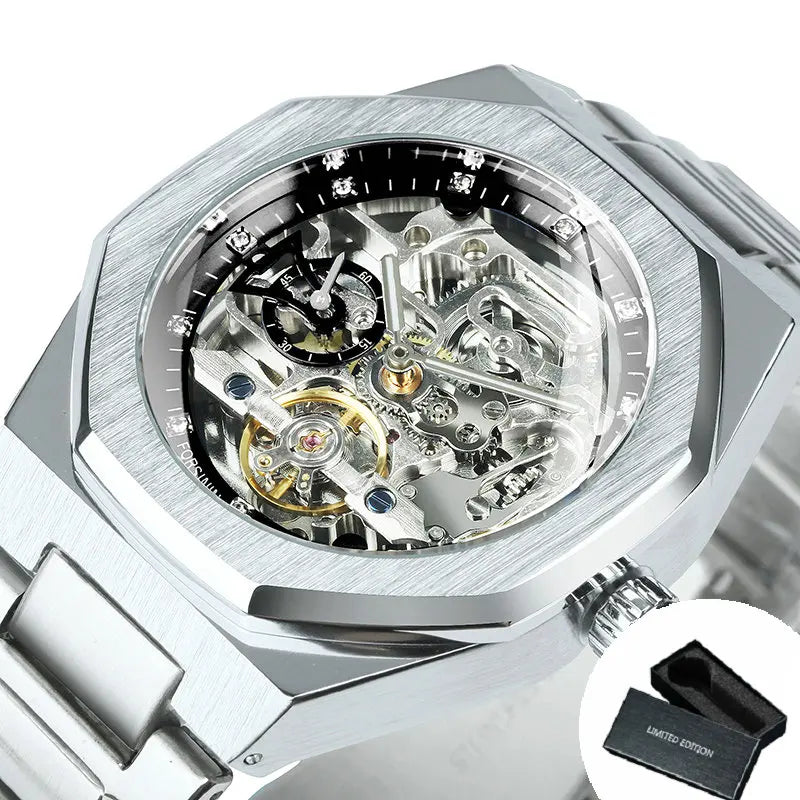 MIAMI DESIGN-Reloj Automático plateado para hombre, esfera de diamante 3D, Tourbillon Irregular, relojes de pulsera mecánicos con esqueleto, reloj con manecillas luminosas