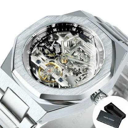 MIAMI DESIGN-Reloj Automático plateado para hombre, esfera de diamante 3D, Tourbillon Irregular, relojes de pulsera mecánicos con esqueleto, reloj con manecillas luminosas