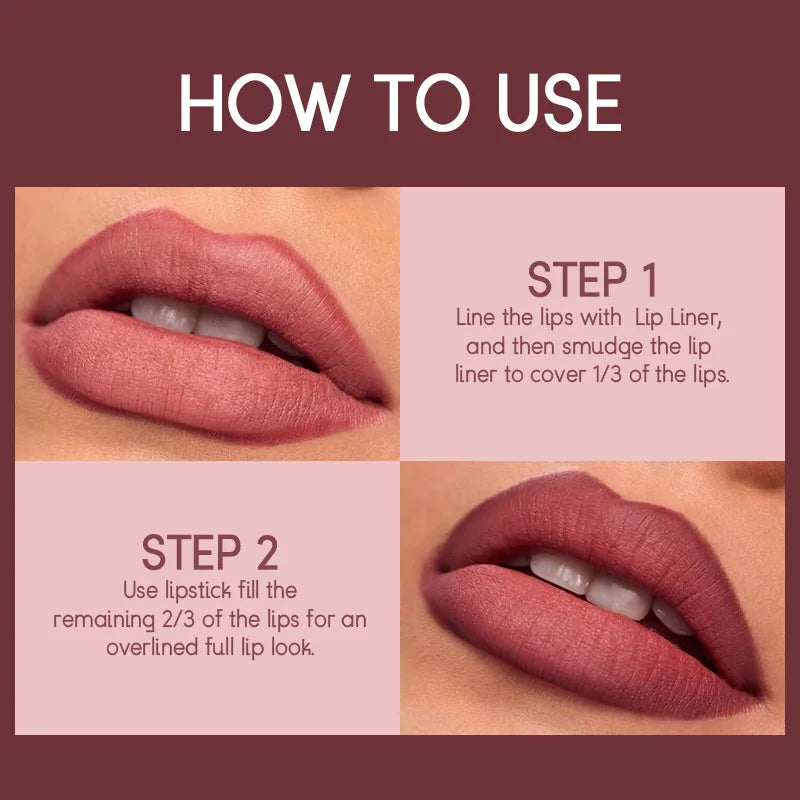 Batom Matte 2 em 1&lConjunto de Lápis Labial IP Liner com 12 Cores, Alta Pigmentação, À Prova D'Água e de Longa Duração - Maquiagem para os Lábios