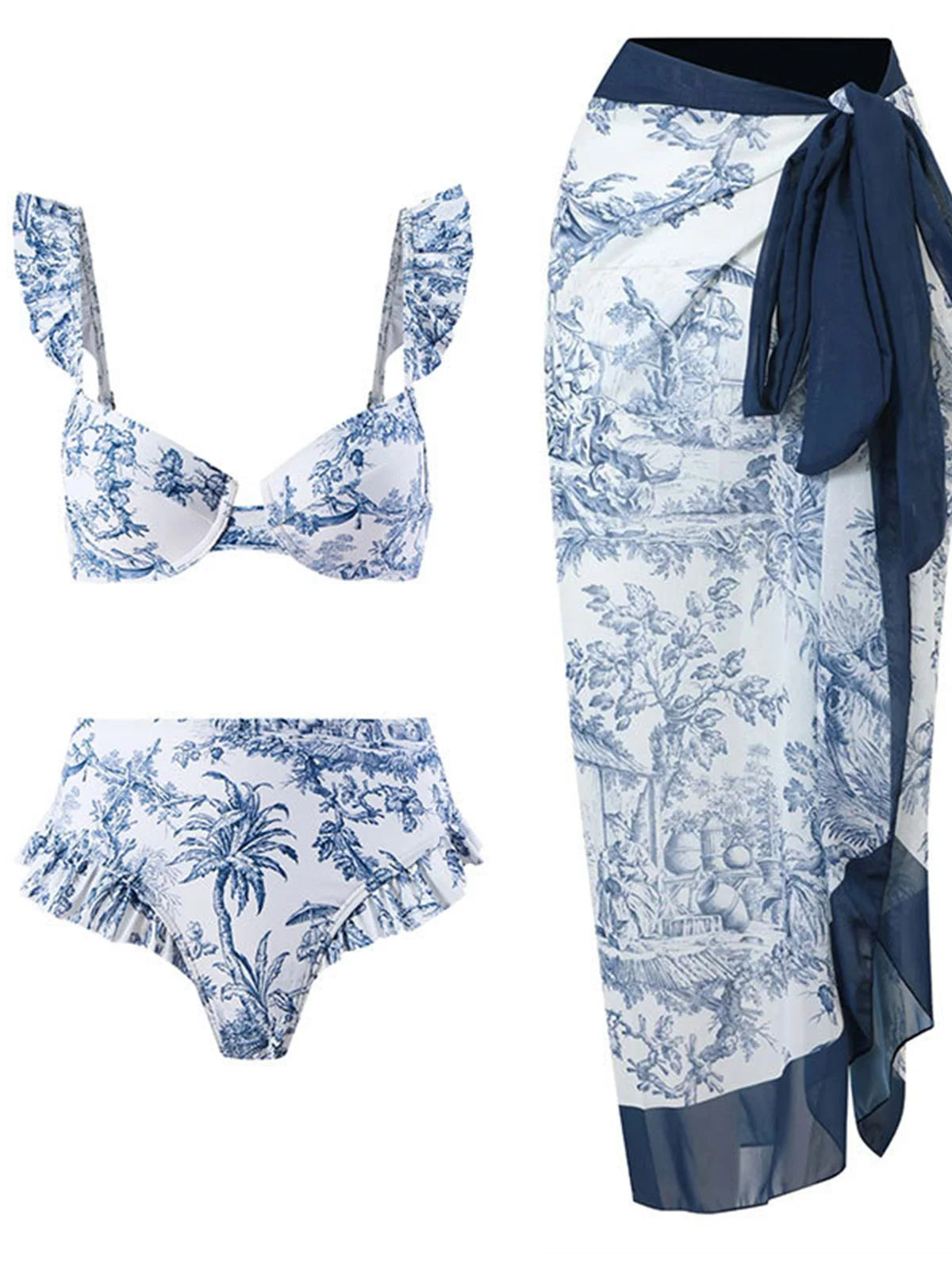 S- XL trykt bøyle badedrakt for kvinner Bikini med høy midje Dame badetøy Tredelt bikinisett Badedrakt Swim V4106