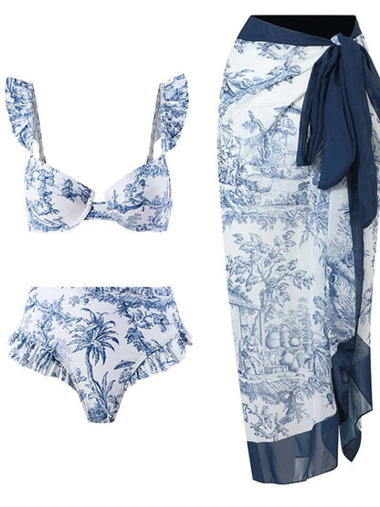 S- XL trykt bøyle badedrakt for kvinner Bikini med høy midje Dame badetøy Tredelt bikinisett Badedrakt Swim V4106