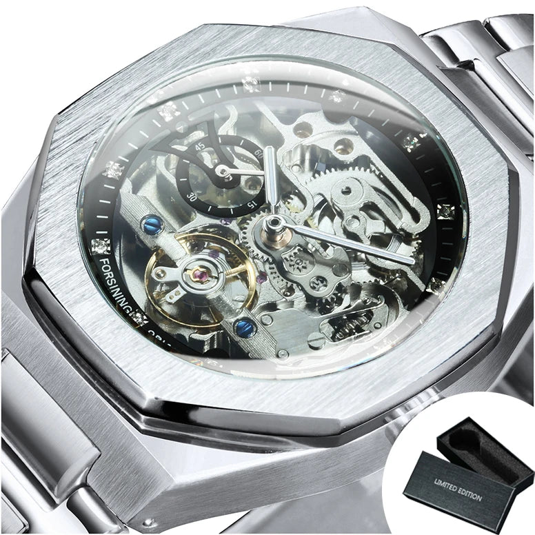 MIAMI DESIGN-Reloj Automático plateado para hombre, esfera de diamante 3D, Tourbillon Irregular, relojes de pulsera mecánicos con esqueleto, reloj con manecillas luminosas