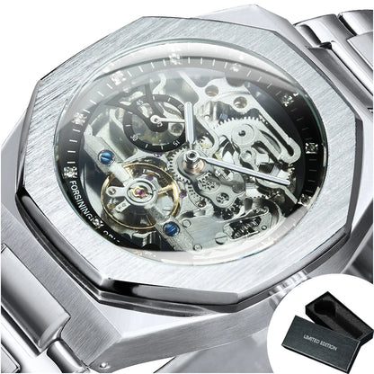 MIAMI DESIGN-Reloj Automático plateado para hombre, esfera de diamante 3D, Tourbillon Irregular, relojes de pulsera mecánicos con esqueleto, reloj con manecillas luminosas