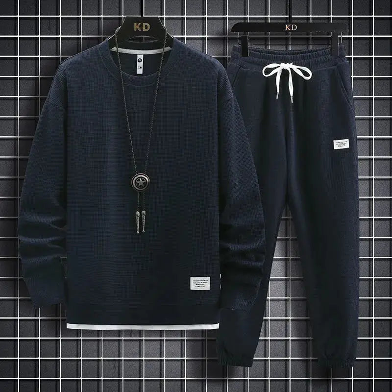 Conjunto Waffle Lounge Masculino – Moletom Casual de 2 Peças & Calças
