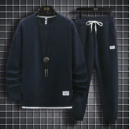 Conjunto Waffle Lounge Masculino – Moletom Casual de 2 Peças & Calças