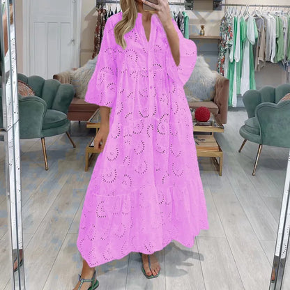 XXS-3XL Loose Fit Hollow Out Kjole til Kvinder Sommer Elegant Vintage Solid Broderi Casual V-hals Flare Sleeve Maxikjoler