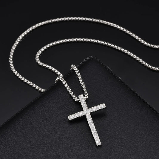 Bling Zircon Cross Pendant Necklace with Box Chain, Unisex Silver Color Simple Christ Cross Collar for Men Women