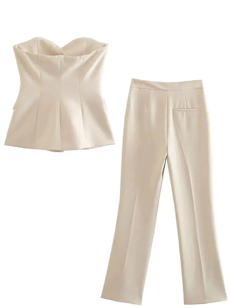 Women’s Elegant Strapless Pant Suit – Buttoned Top & Side Slit Trousers Fashion Set