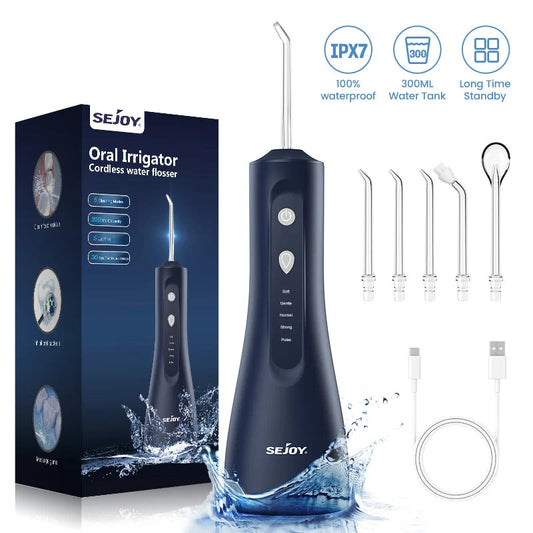 Water Flosser Cordless Oral Irrigator for Teeth Cleaning Denture Brushes for Home Travel 5 Dental Tips IPX7 Portable