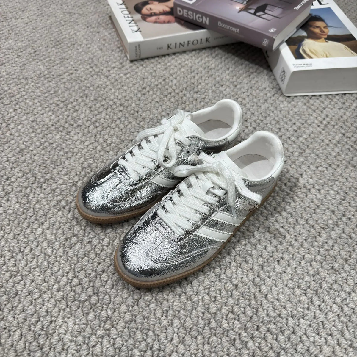 Genuine Leather Women’s Sporty Casual Shoes – Thick Sole, Three-Stripe Color Block, Comfortable Summer Footwear Amba