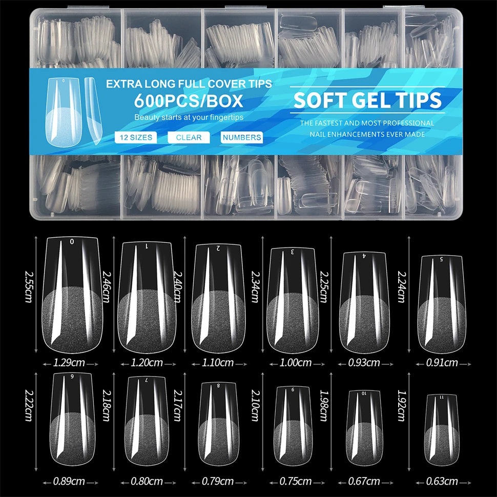 600 Stück Zubehör für weiche Gel-X-Nagelspitzen, vollständige Abdeckung, künstliche Nagelspitzen für Acrylnägel, Gel, extra kurze Mandel-Nagelspitzen, quadratisch, mittelgroß