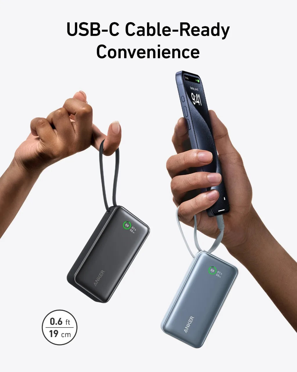 Anker Nano Power Bank, 10.000 mAh bærbar oplader med indbygget USB-C-kabel, 30 W Max Output