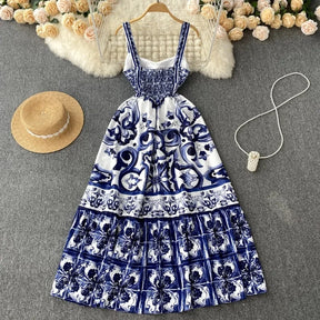 Vestido de spaghetti de espagueti de estampado rojo y blanco con cuello en V para mujeres Vestido maxi de verano