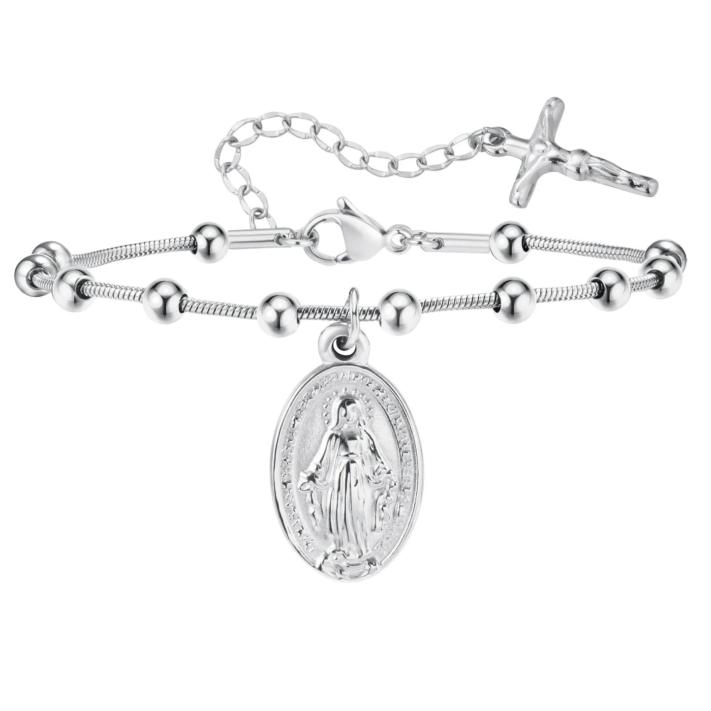 Pulseira feminina de rosário de aço inoxidável banhado a ouro - pulseira da Virgem Maria com cruz