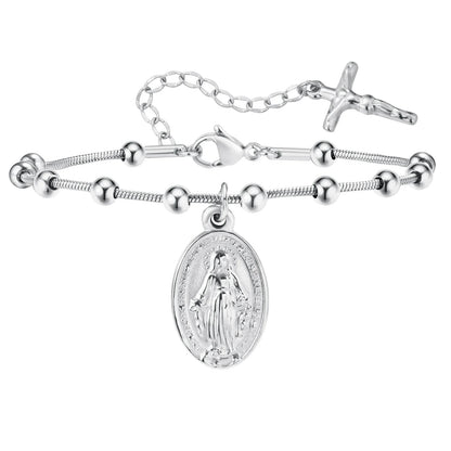 Pulseira feminina de rosário de aço inoxidável banhado a ouro - pulseira da Virgem Maria com cruz