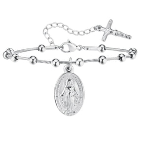 Brazalete de rosario de acero inoxidable de placa de oro para mujeres-Virgen María Pulsera de oración religiosa con cruz