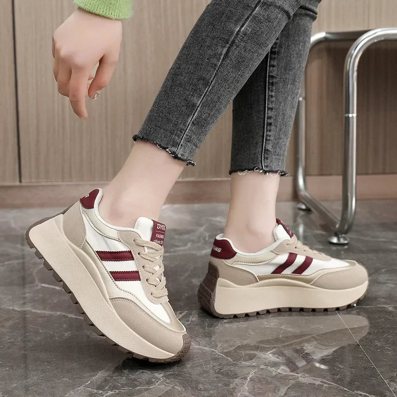 Tênis plataforma feminino primavera/verão – Sapatos casuais de couro patchwork vulcanizado