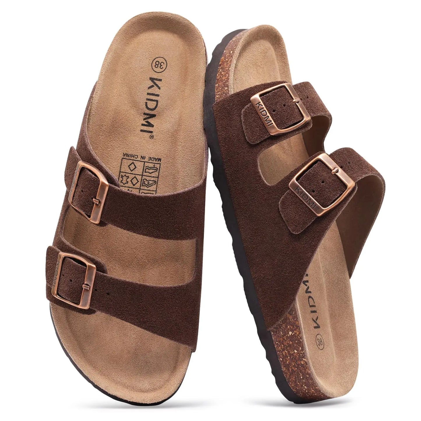 Klassiska unisex korksandaler rutschkanor i ko mocka med valvstöd Anti-halk unisex tofflor med justerbart spänne