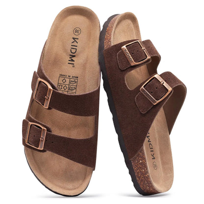 Klassiska unisex korksandaler rutschkanor i ko mocka med valvstöd Anti-halk unisex tofflor med justerbart spänne